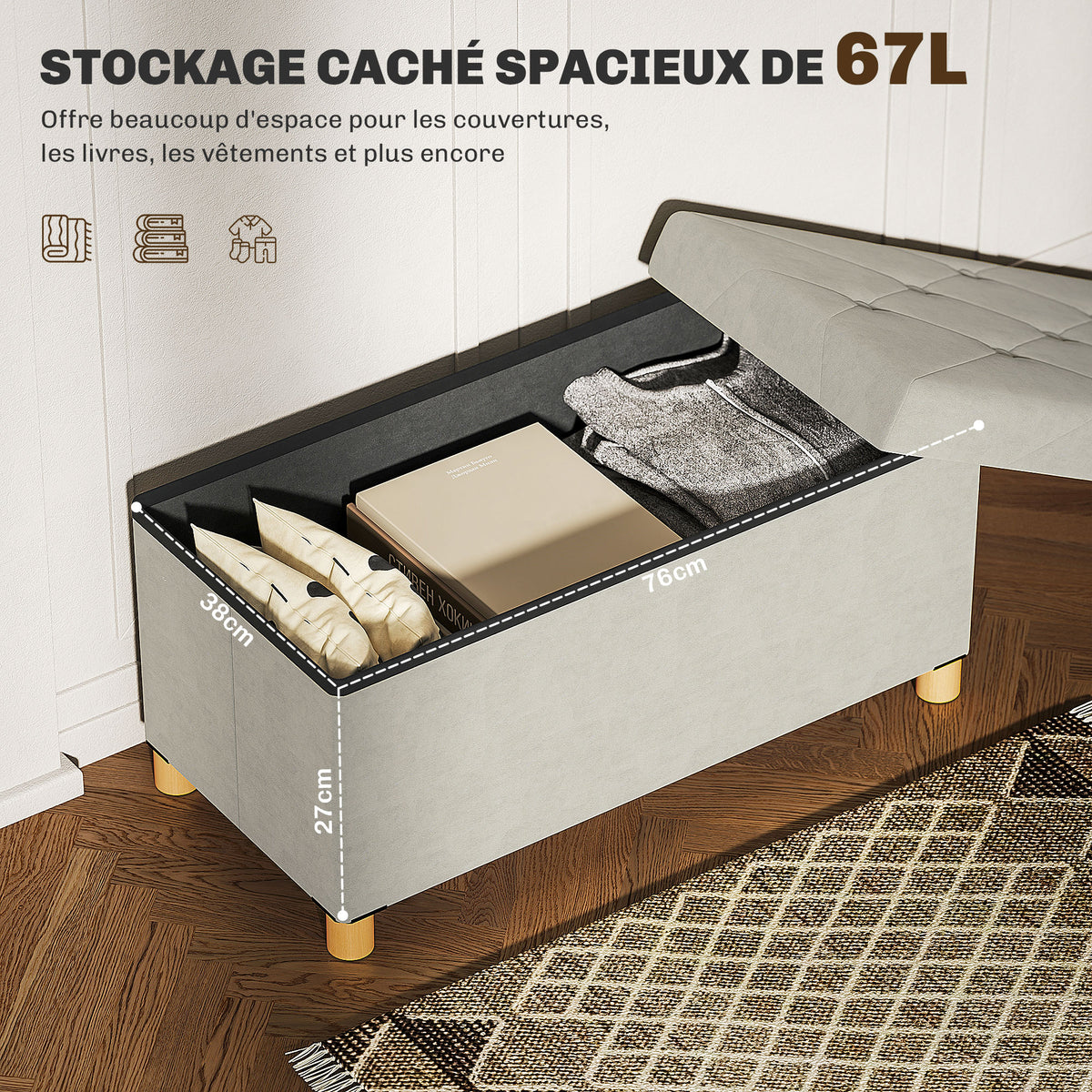Banc de rangement bout de lit pliable volume 67 L capacité de charge 120 kg avec couvercle 76L x 38l x 38H cm crème