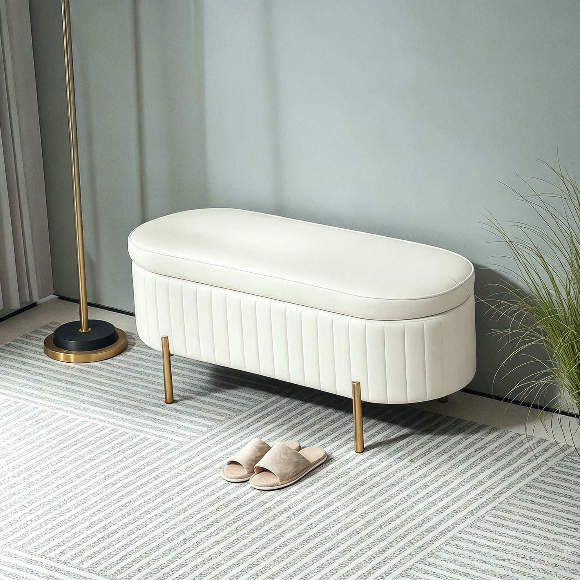 Banc de rangement, bout de lit en velours avec couvercle, pieds en métal, capacité 72 L, 108x44x43,5cm, crème
