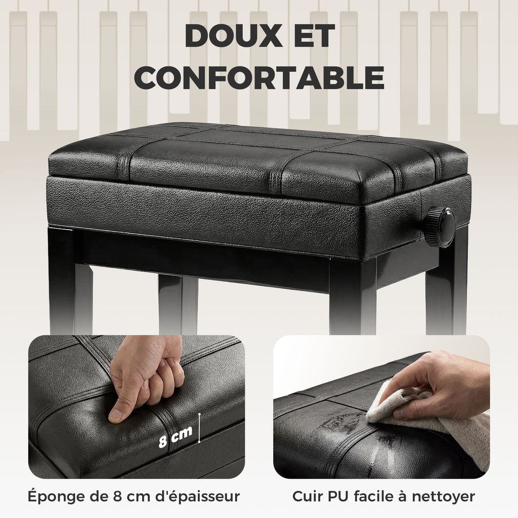 Banquette tabouret siège pour piano coffre intégré hauteur réglable bois hévéa assise revêtement synthétique noir