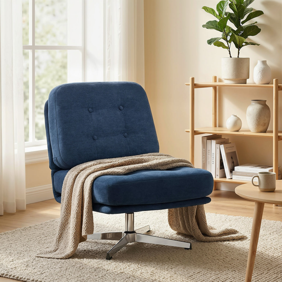 Fauteuil salon sans accoudoir chaise pivotante en tissu chenille assise large, pieds croisés 70 x 87 x 84 cm bleu foncé