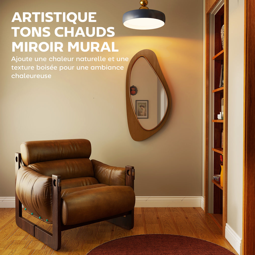 Miroir mural asymétrique 91,5 x 45 cm, miroir suspendu moderne, cadre en bois, effet bois naturel