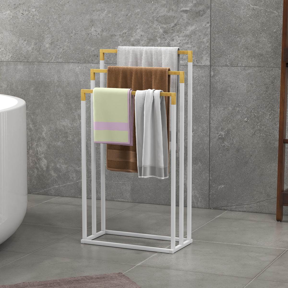 Porte-serviettes en bambou et acier sur pieds avec 3 barres support pour serviette 45 x 22,5 x 86 cm blanc et naturel
