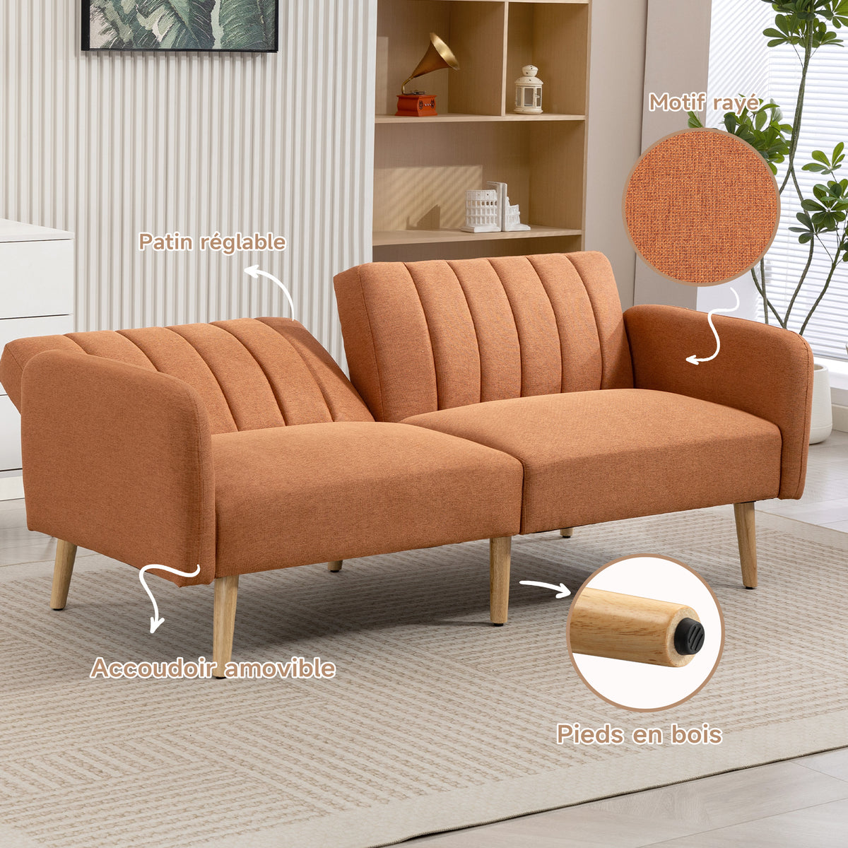 Canapé Convertible 2 Places Design scandinave Dossier inclinable 3 Positions Pieds Bois Tissu Aspect Lin marron