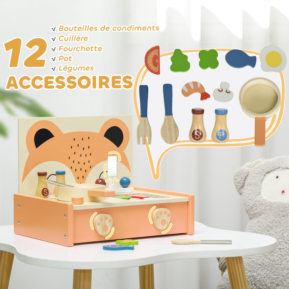 Mini-cuisine en bois jouet enfant avec 12 accessoires poêle spatule condiments fruits légumes - pour 3-5 ans -