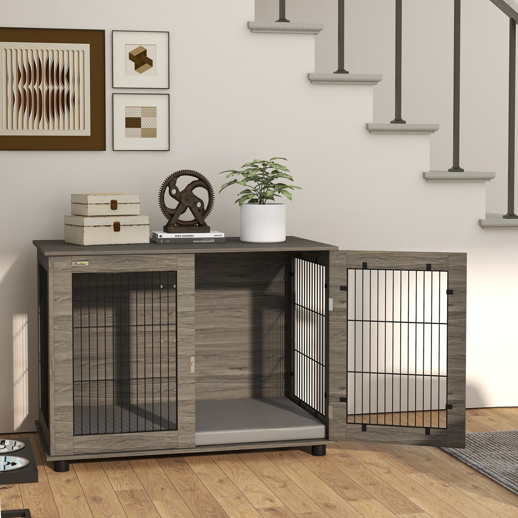 Cage pour chien 2 en 1 table d'appoint avec coussin en peluche déhoussable porte verrouillable 100 x 60 x 73,5 cm gris