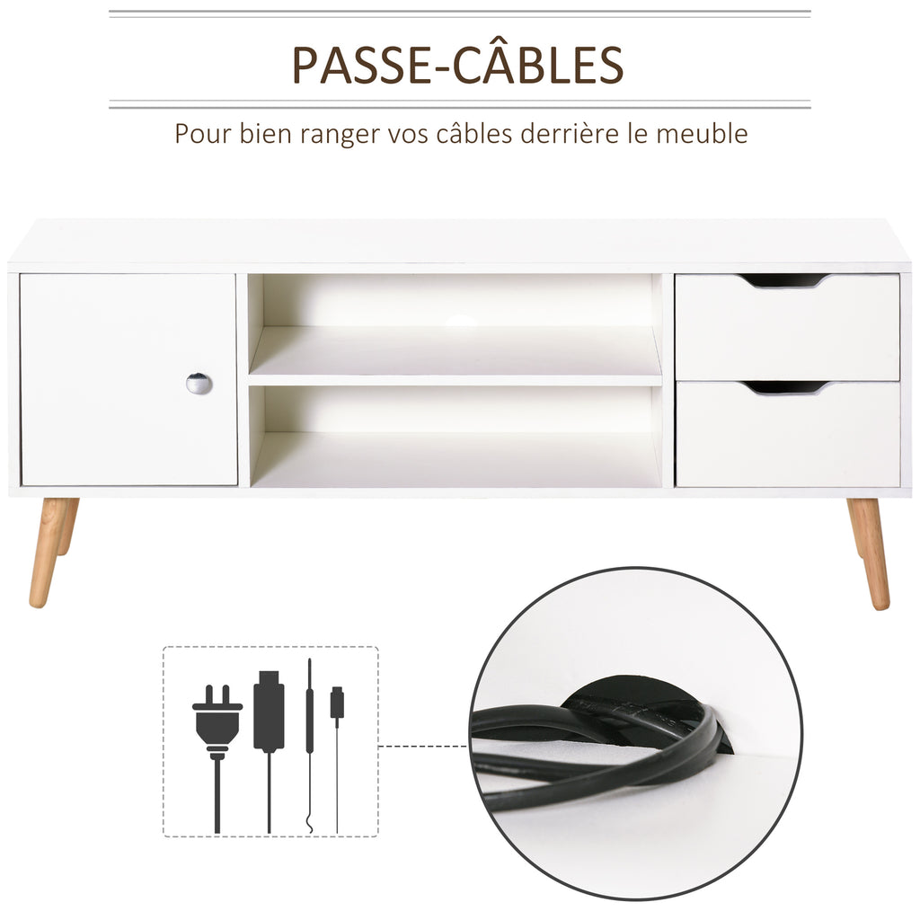 Meuble TV Banc TV Style scandinave Placard 2 niches 2 tiroirs Passe-Fils Panneaux Particules Blanc Bois pin