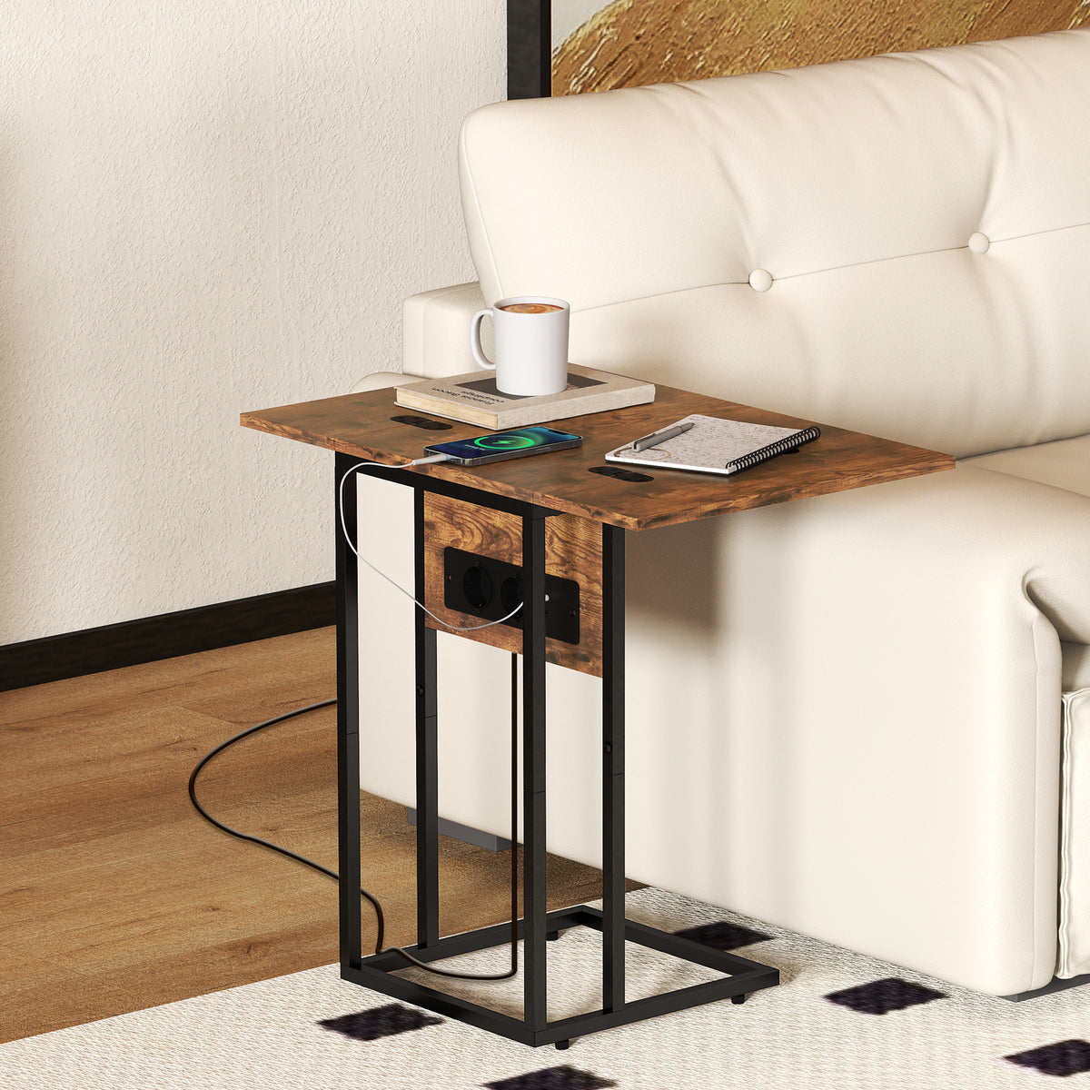 Table d'appoint bout de canapé avec station de charge, plateau pliable, 39 x 29 x 57 cm, brun rustique et noir