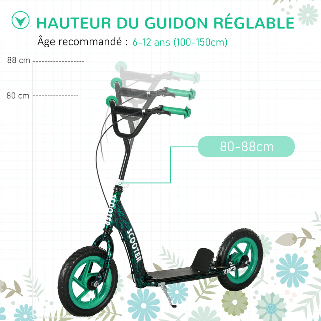 Trottinette patinette scooter enfant grandes roues de 6 à 12 ans hauteur réglable frein arrière béquille vert