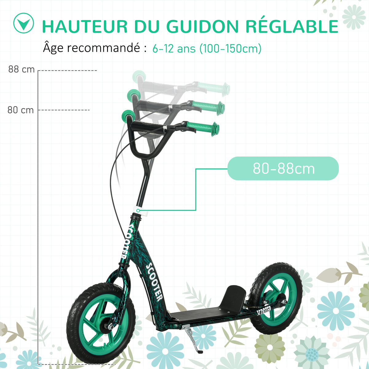 Trottinette patinette scooter enfant grandes roues de 6 à 12 ans hauteur réglable frein arrière béquille vert