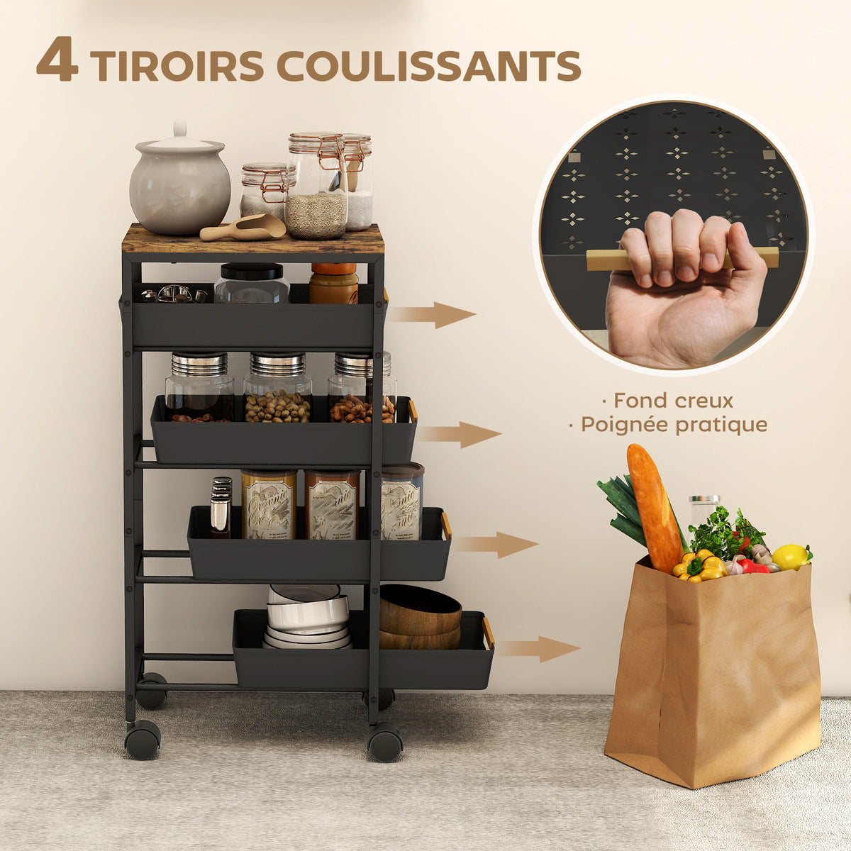 Desserte cuisine, chariot de rangement à roulettes 5 niveaux avec 4 tiroirs coulissants, étagère de rangement, noir