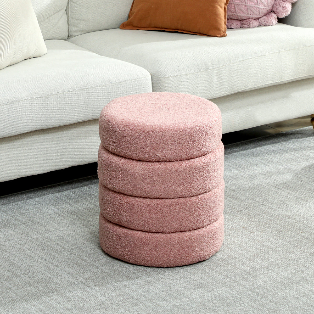Repose pied salon, tabouret ottoman rond rembourré en peluche Teddy, pour chambre à coucher, entrée, Ø 40 x 45 cm, rose