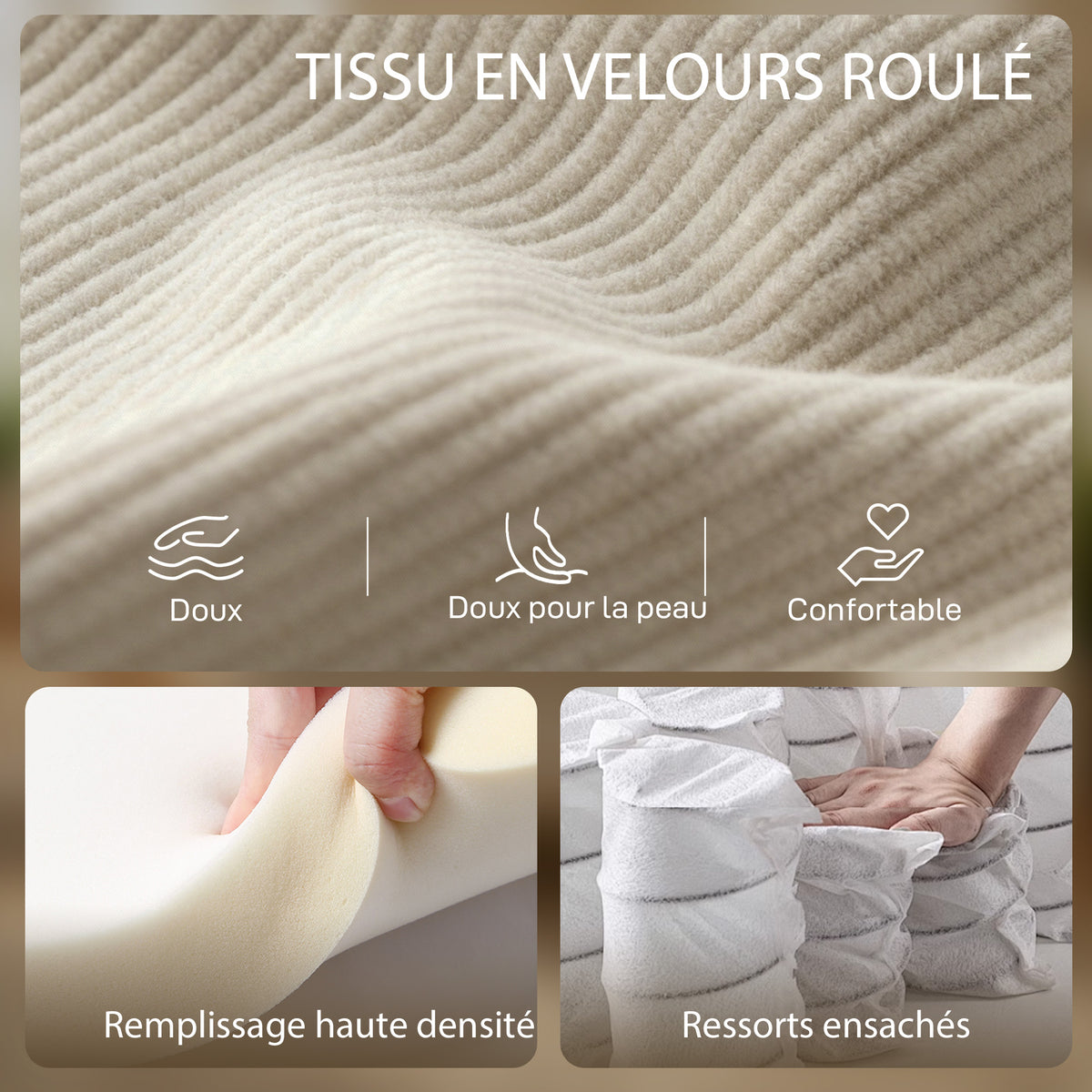 Fauteuil de salon en velours côtelé, canapé 1 place rembourré avec assise large et coussin à ressorts, 83x74x87cm, beige