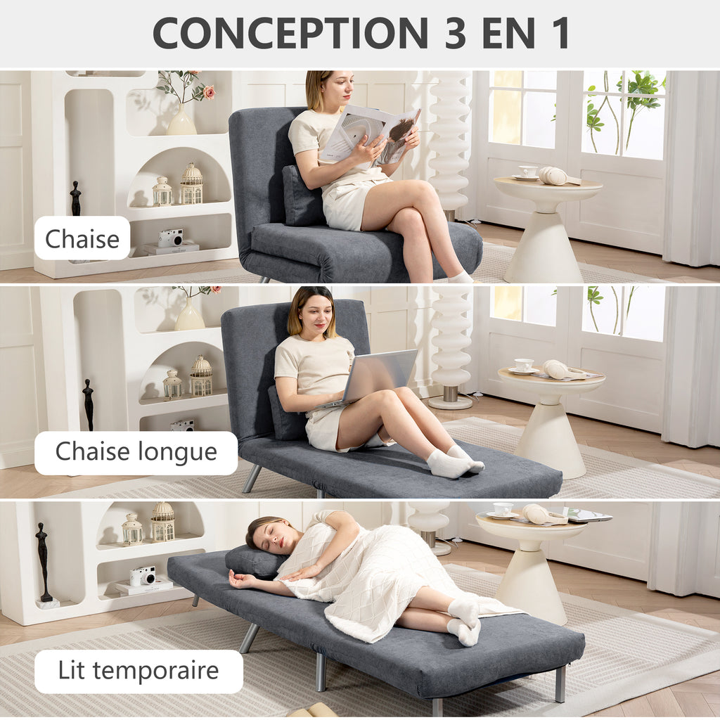 Fauteuil convertible 1 place, fauteuil-lit clic-clac 3 en 1 avec dossier réglable, oreiller, assise large, gris foncé