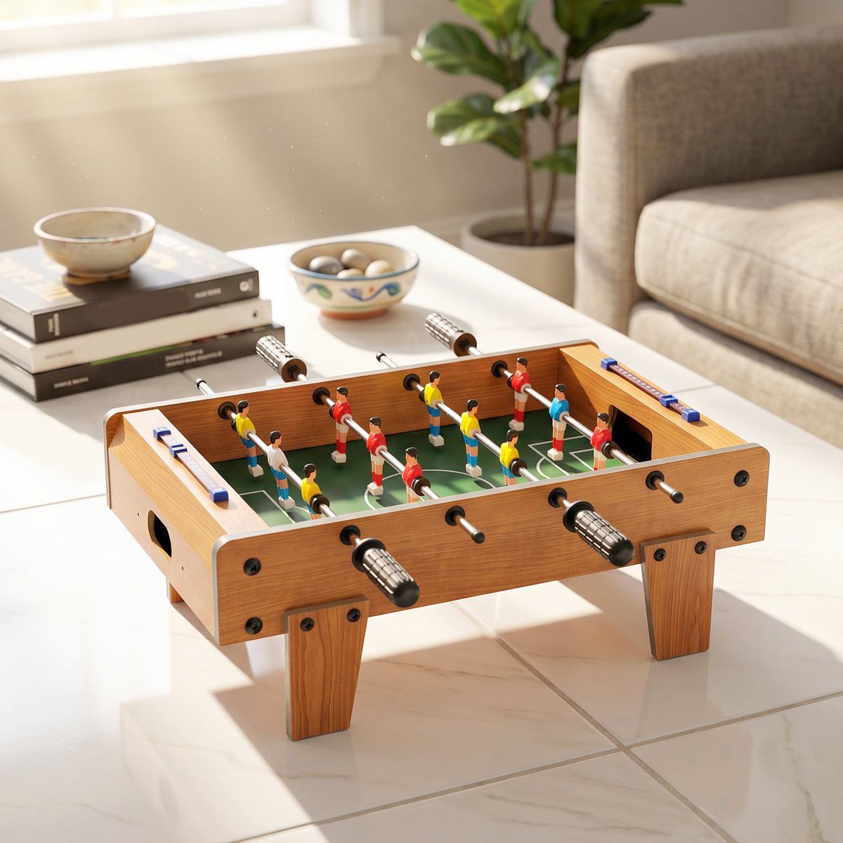Mini Babyfoot Jeu de Table Baby-Foot Panneaux de Score et 2 Balles 50,6x50,5x18cm Finition Bois Naturel