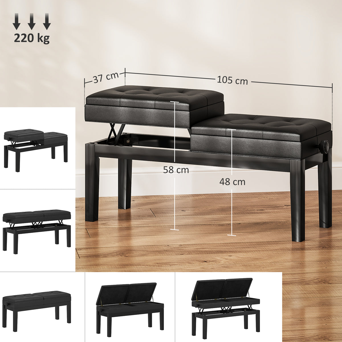 Banc de piano réglable en hauteur, tabouret de piano avec rangement, banquette pour clavier capitonné, noir