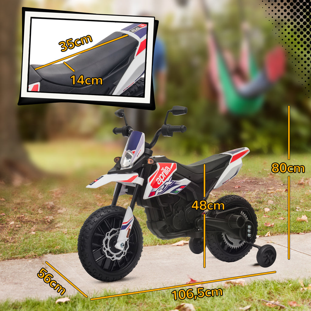 Moto électrique enfants sous licence Aprilia avec 2 moteurs 12V, roues d'entraînement, lumière LED, musique - blanc