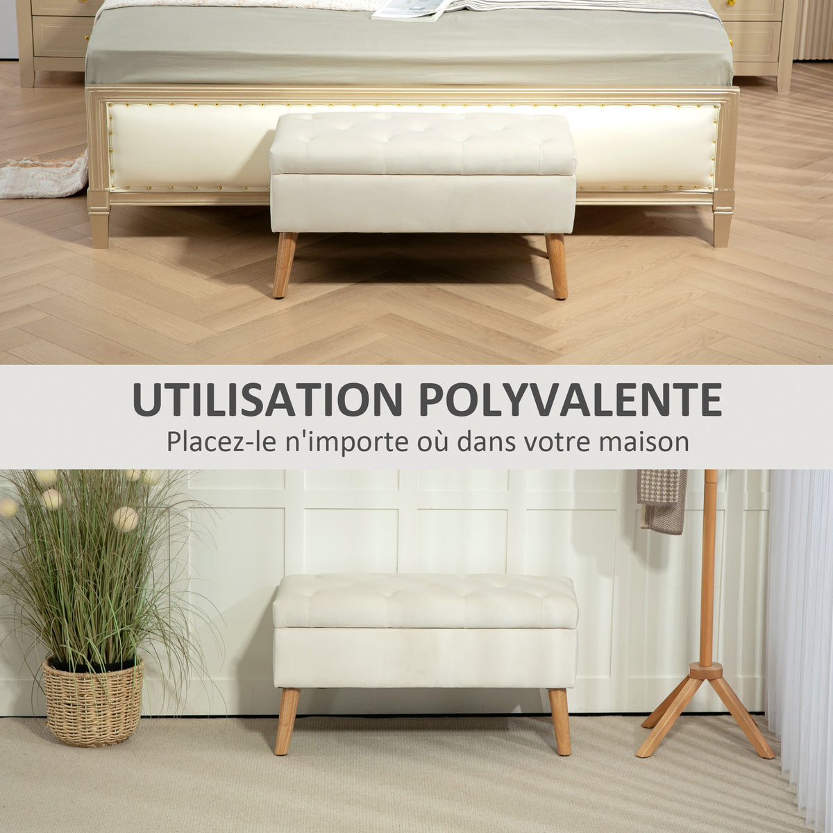 Banc de rangement coffre de rangement tissu effet velours pieds en bois charge max. 120 kg 80 x 35 x 42 cm, crème