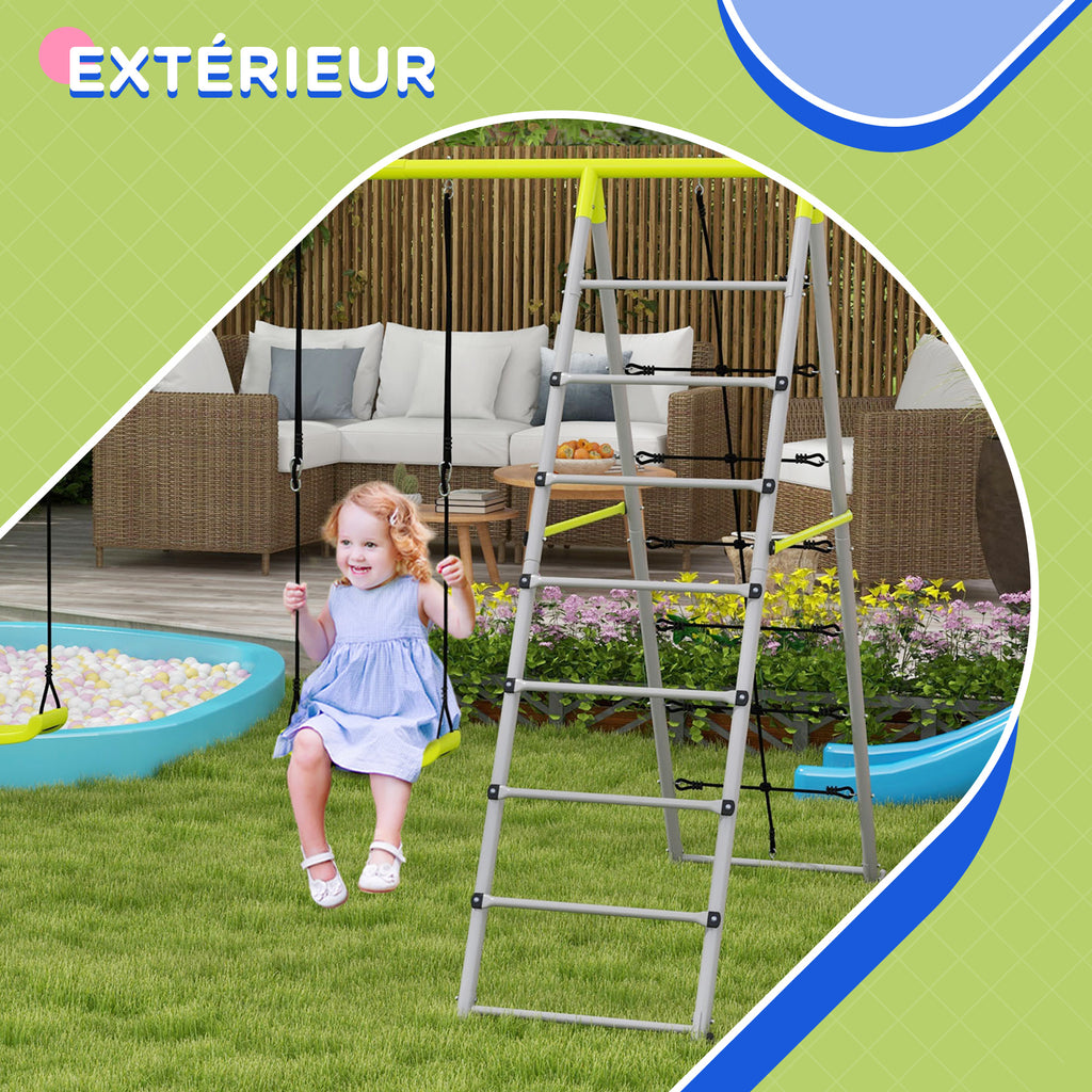 4 en 1 balançoire portique pour enfant avec 2 siège de balançoire échelle grimpeuse et filet d'escalade vert
