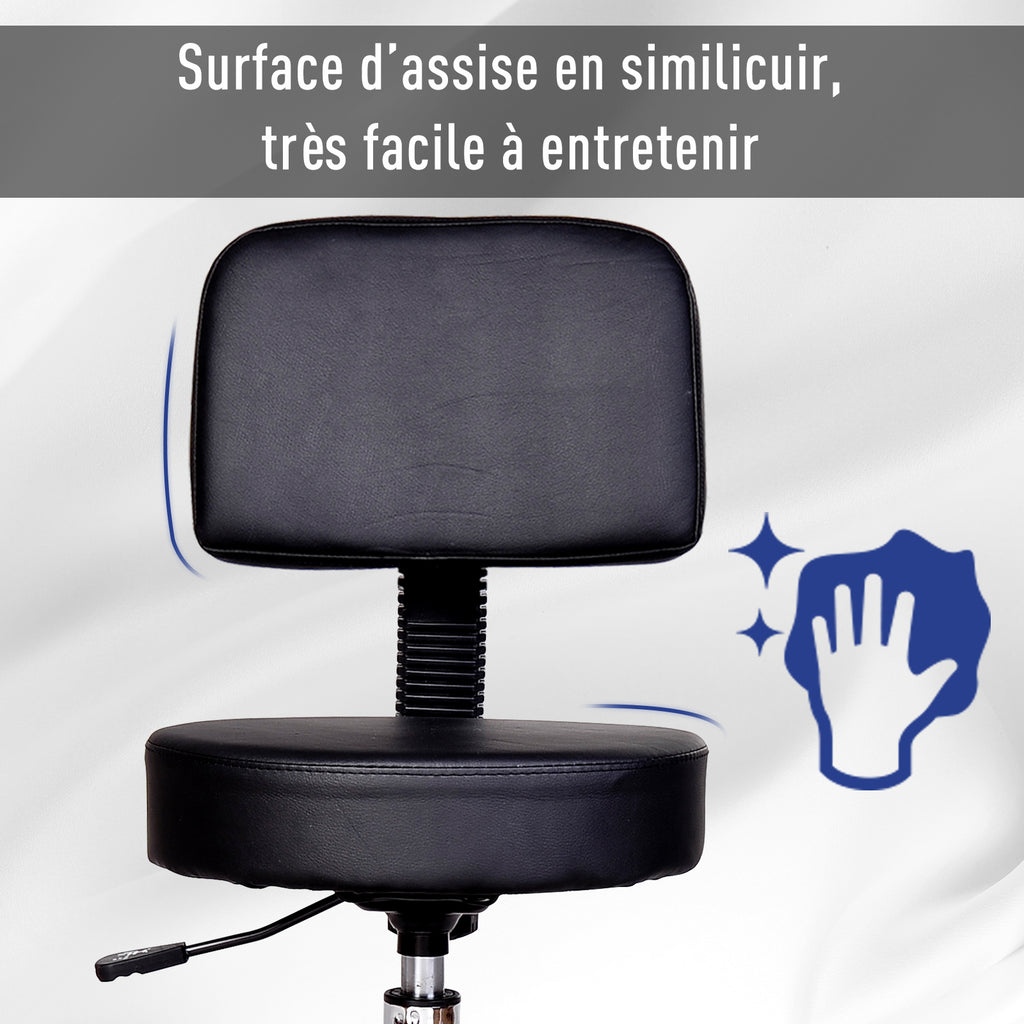 Tabouret massage a roulettes reglable en hauteur pivotant avec dossier ergonomique noir