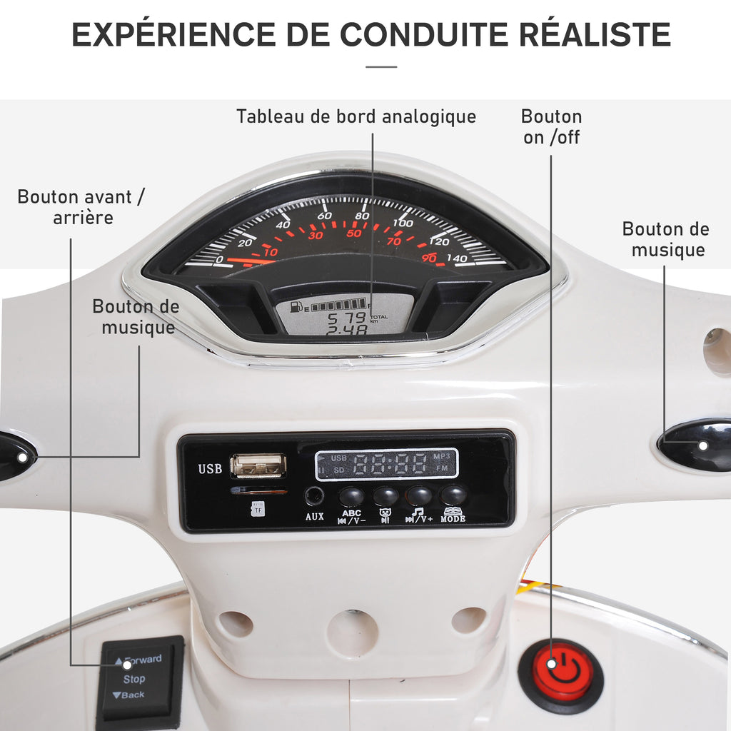 Vespa Scooter Moto électrique Enfants 6 V dim. 102L x 51l x 76H cm Musique MP3 Port USB klaxon Phare feu AR Blanc