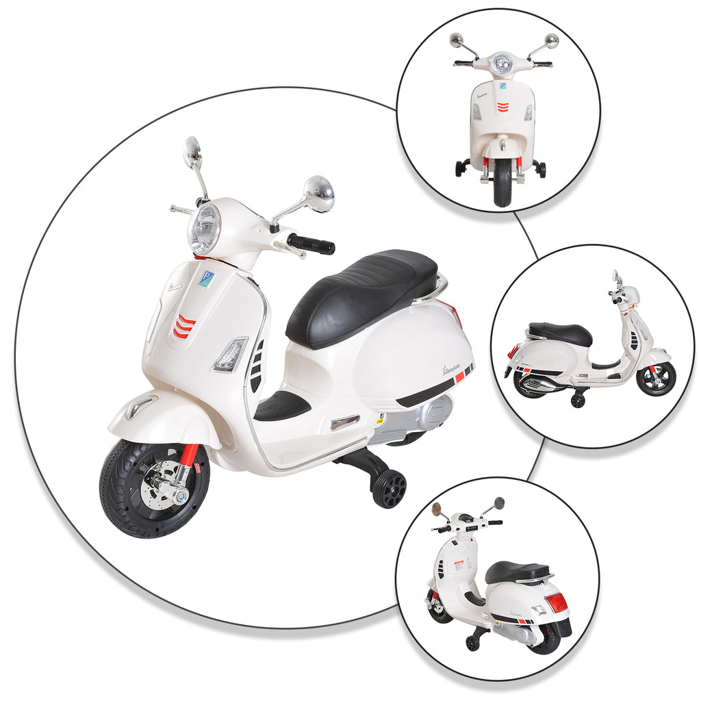 Vespa Scooter Moto électrique Enfants 6 V dim. 102L x 51l x 76H cm Musique MP3 Port USB klaxon Phare feu AR Blanc