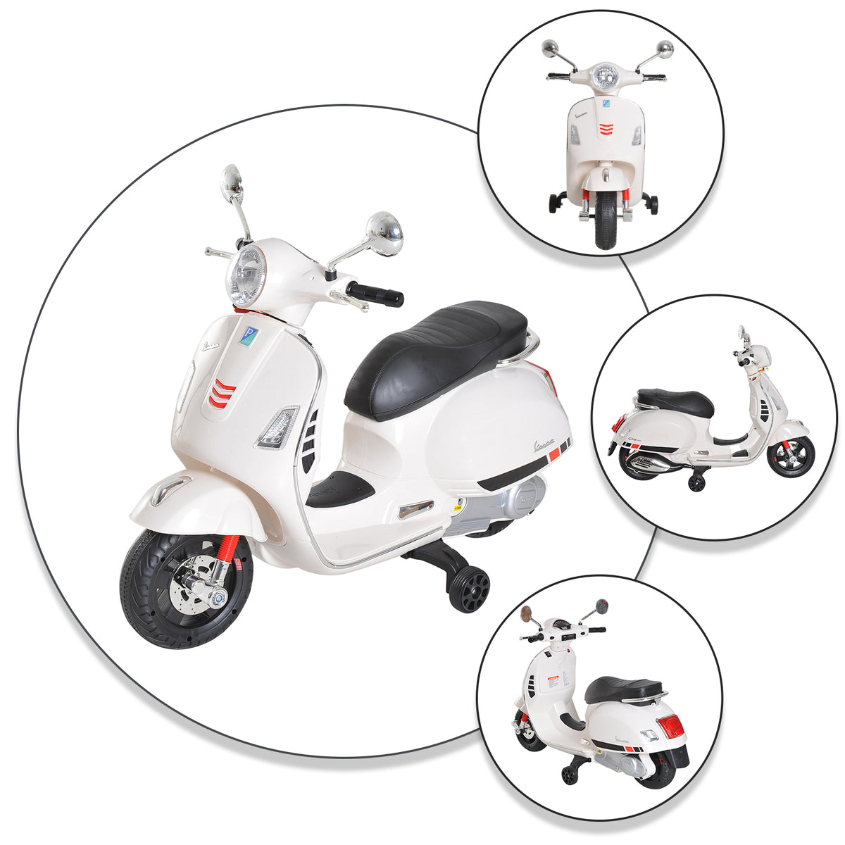 Vespa Scooter Moto électrique Enfants 6 V dim. 102L x 51l x 76H cm Musique MP3 Port USB klaxon Phare feu AR Blanc