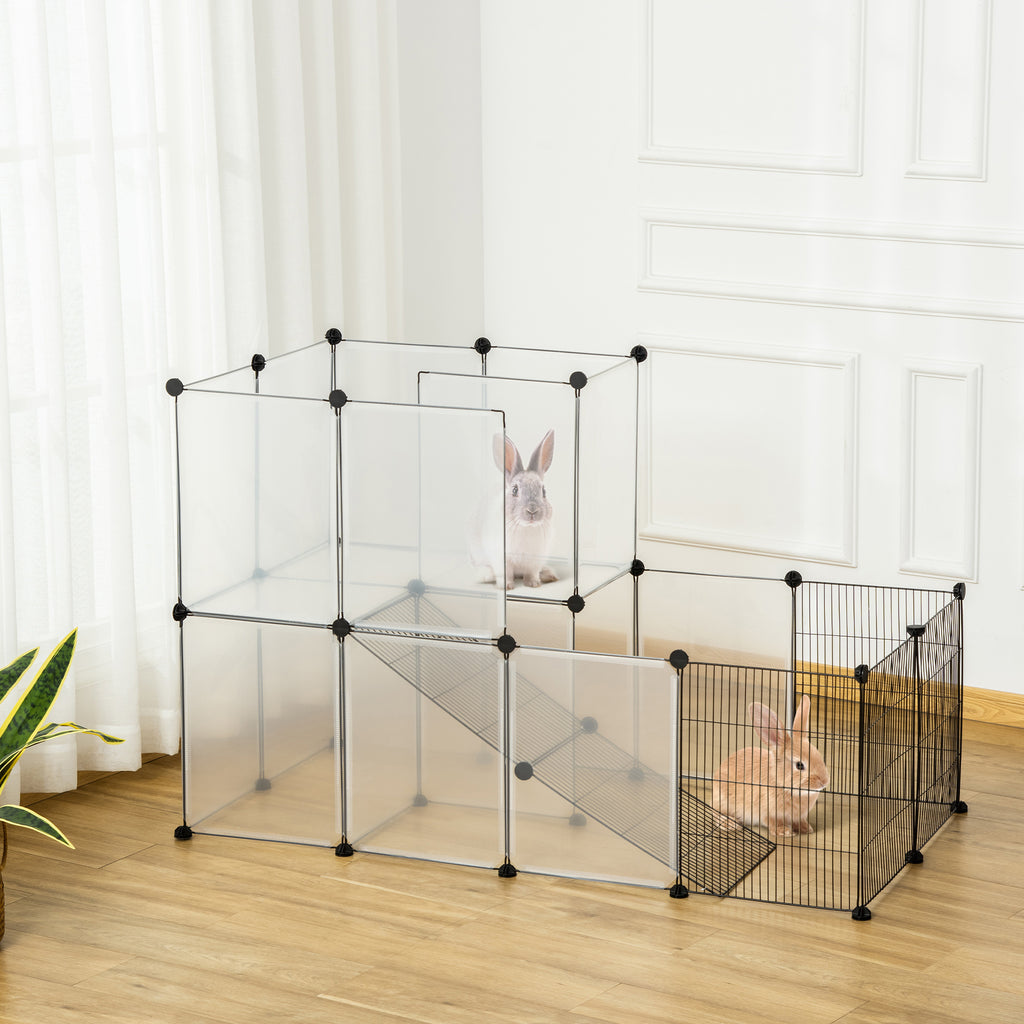 Enclos lapin interieur, 2 niveaux, parc modulable pour petits animaux, 27pcs, 140 x 70 x 90 cm, noir