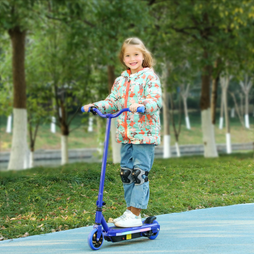 Trottinette électrique pour enfants 6-14 ans, vitesse maximale 10 km/h, lumières LED colorées, frein électrique, bleu