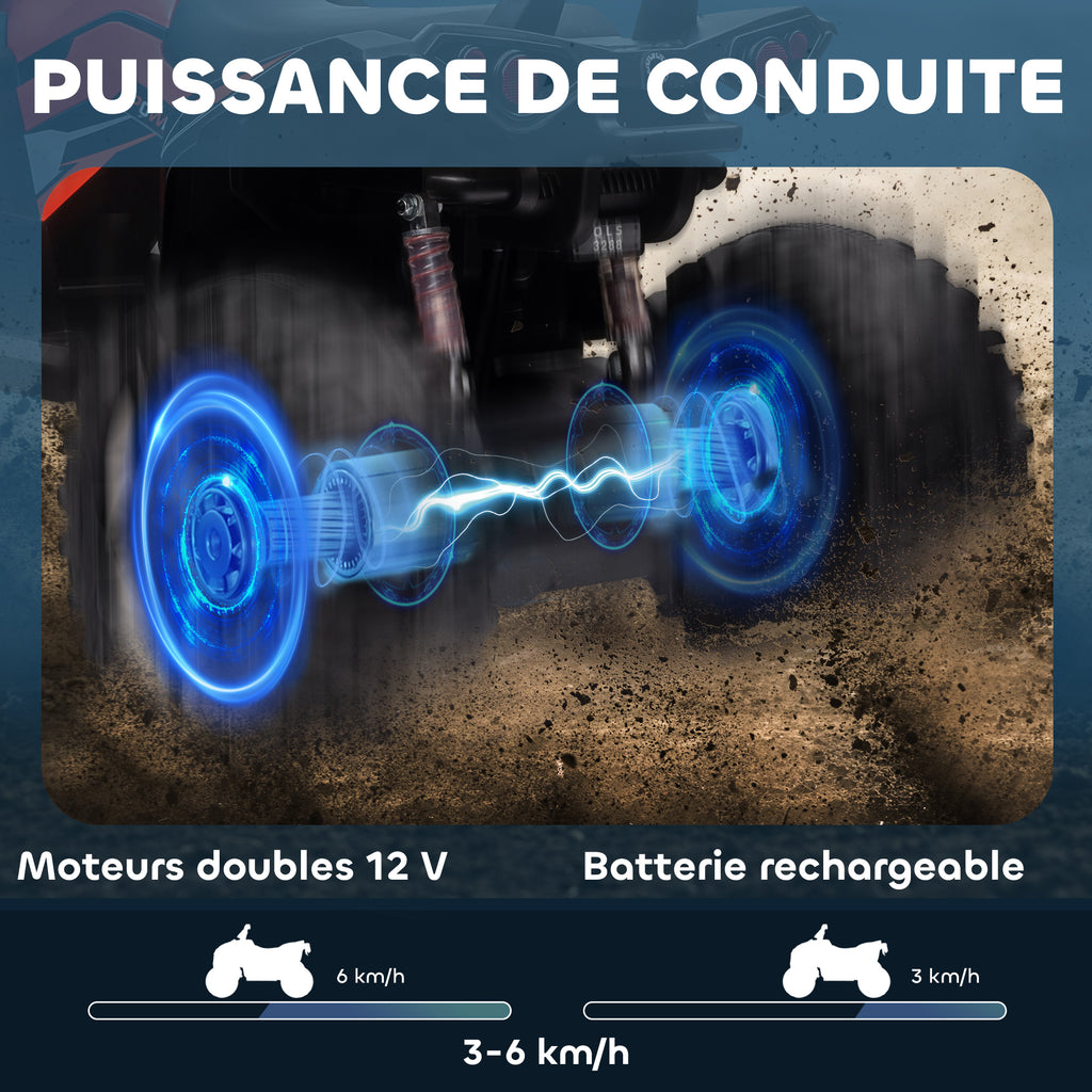 Quad Buggy électrique Enfant 12 V 8 Km/h Max. Voiture électrique Enfant avec Effets Lumineux sonores Selle avec Dossier Porte-Bagage Avant métal PP Rouge Noir
