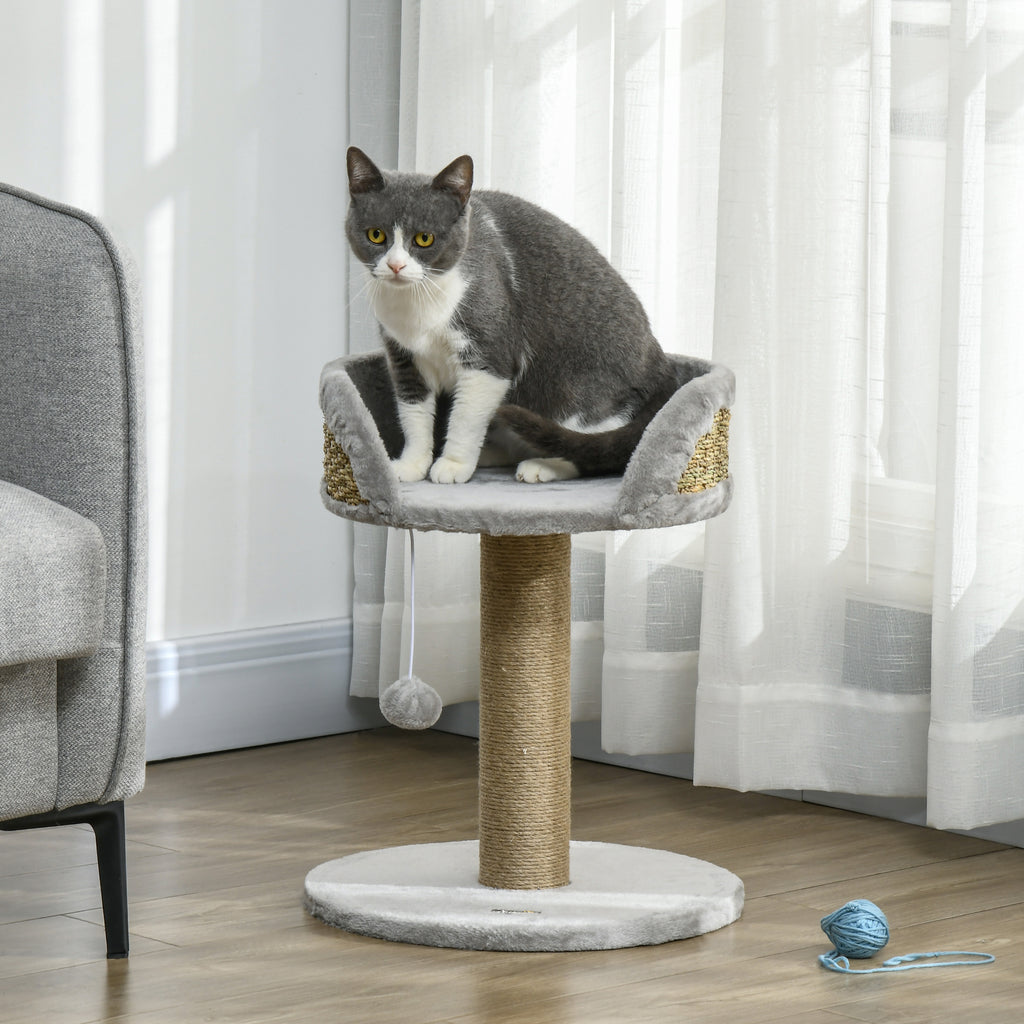 Arbre à chat arbre à grimper grattoir design jeu pompon suspendu + plateforme peluche 40 x 40 x 49 cm jute gris