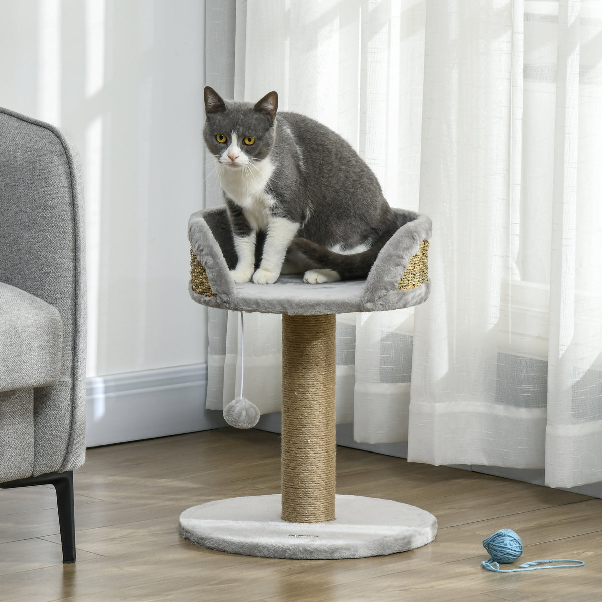 Arbre à chat arbre à grimper grattoir design jeu pompon suspendu + plateforme peluche 40 x 40 x 49 cm jute gris