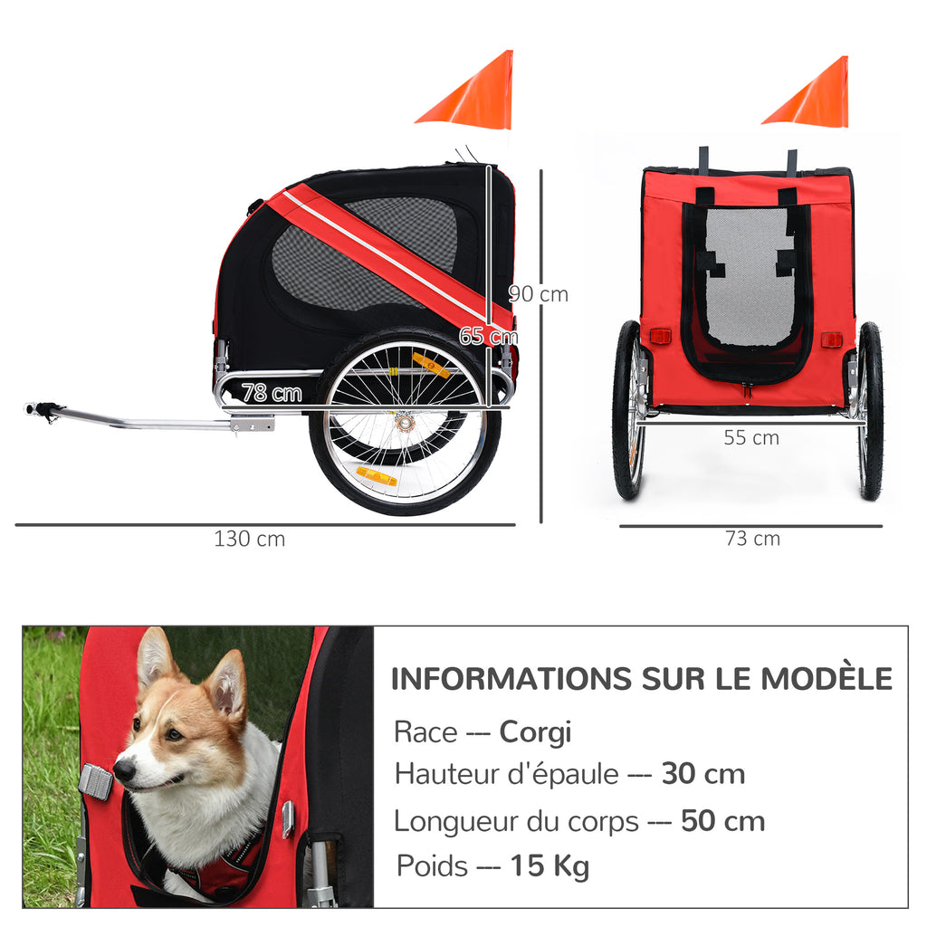 Remorque vélo pour Chien Animaux 8 réflecteurs Drapeau Barre attelage Inclus Acier Polyester imperméable Max. 30 Kg 130L x 73l x 90H cm Rouge