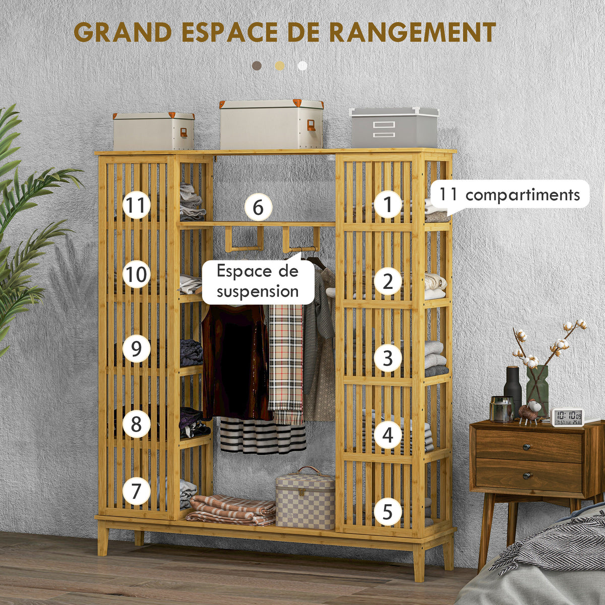 Armoire en bambou avec 2 portes coulissantes, étagères et tringle, grande armoire pour la chambre, 145 x 35 x 165cm