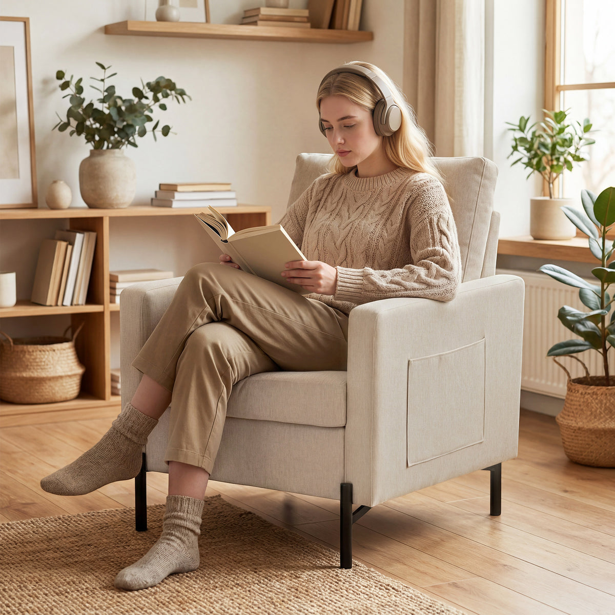 Fauteuil de salon, canapé 1 place rembourré avec accoudoirs, assise large et pieds en acier, 73 x 77 x 87 cm, beige