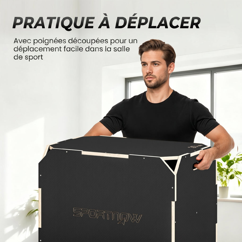 Boîte Plométrique 3 en 1 en Bois pour Entraînement au Saut, Antidérapant et sans Coins, 76x61x51cm, Noir