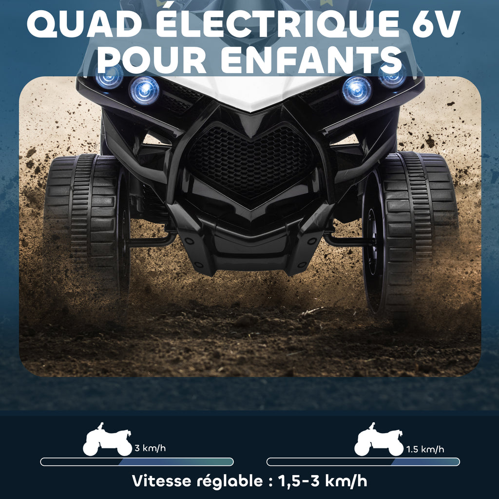 Quad électrique enfant 6V, voiture électrique enfants ATV, musique et phares LED, pour 18-56 mois, 70x42x45cm, blanc