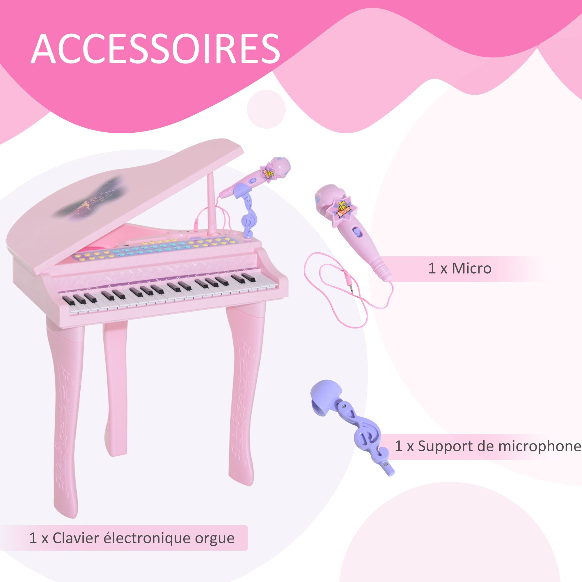 Piano à Queue électronique 37 Touches Multifonctions avec Micro Haut Parleur Rose
