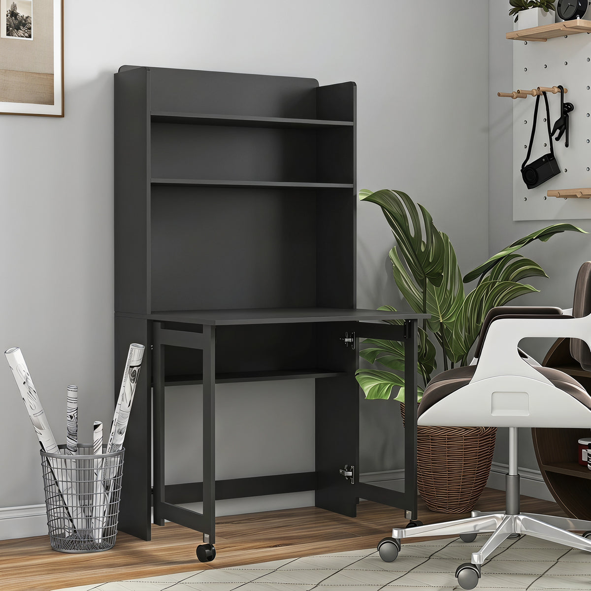 Bureau Informatique avec Étagères de Rangement, Plateau Rabattable, 2 Roulettes, pour Chambre, Salon, 80x69x155cm, Noir