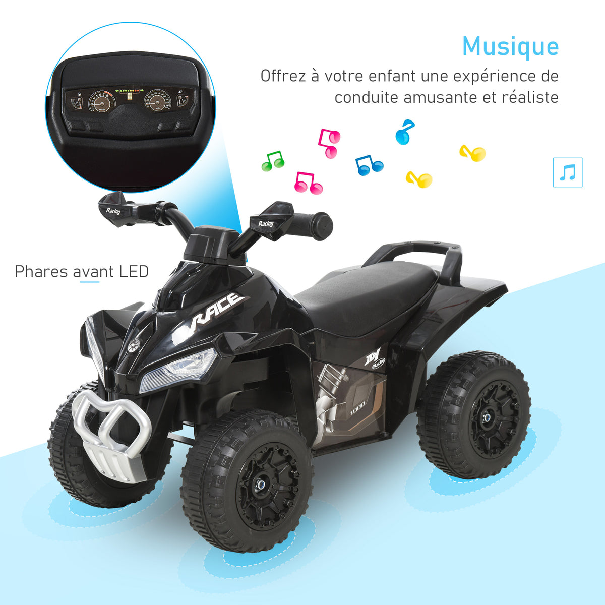 Porteur Enfants Quad 18-36 Mois dim. 67L x 38l x 44H cm Effets Lumineux et sonores Noir