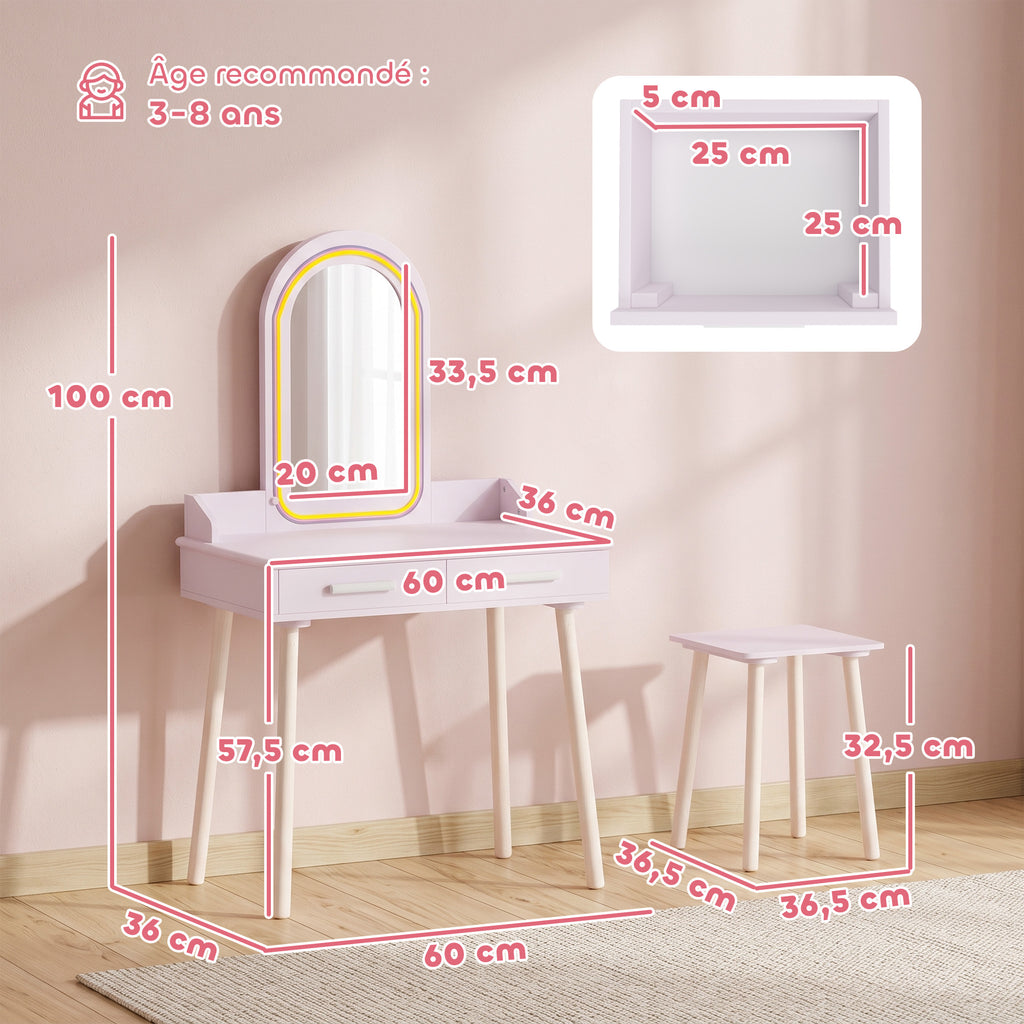 Coiffeuse Enfant en Bois avec Miroir LED 3 Couleurs, Tabouret, Tiroir et Plateau Spacieux, 60x36x100cm, 3 à 8 Ans, Rose
