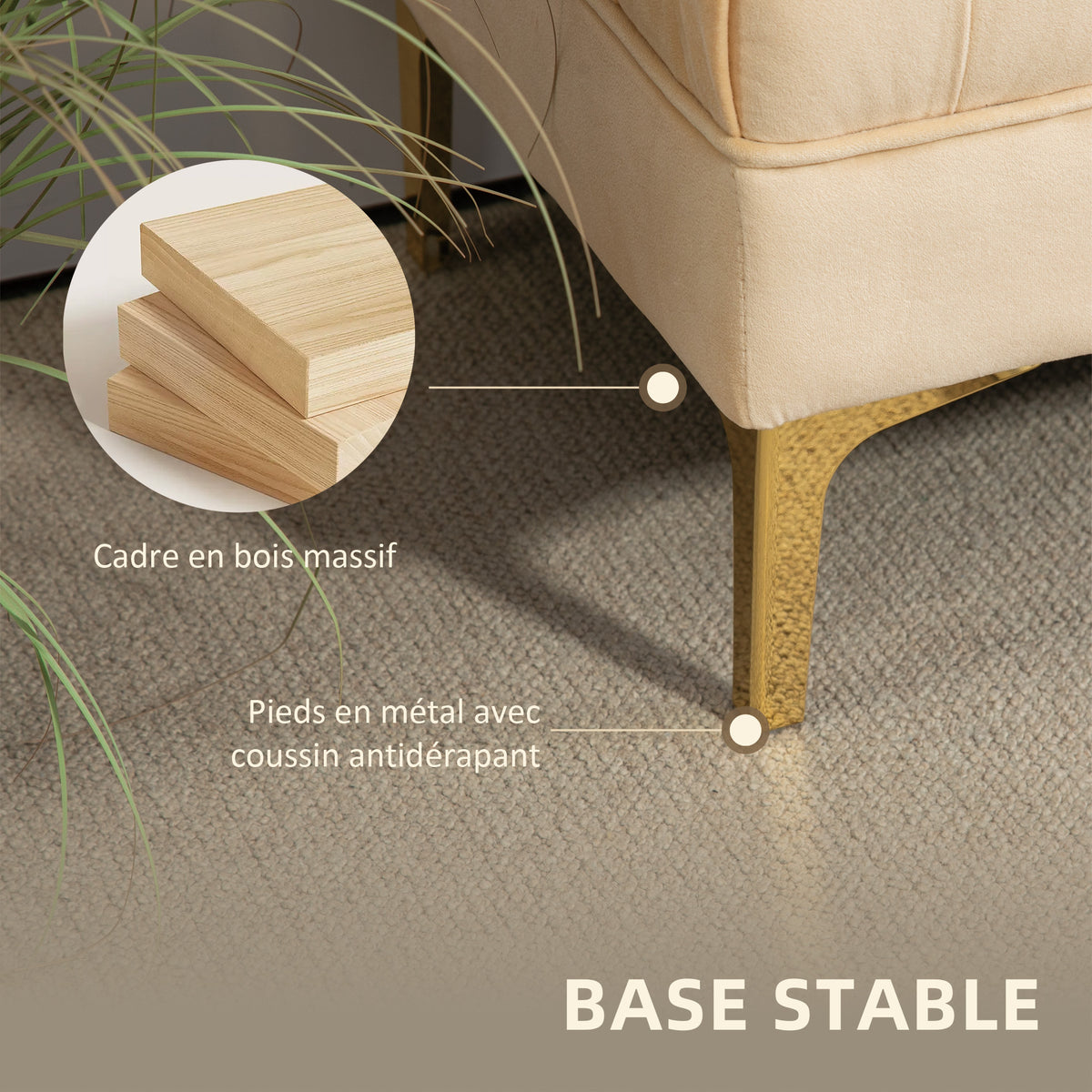 Banc banquette capitonnée bout de lit style classique chic dim. 118L x 45l x 42H cm piètement métal doré velours beige
