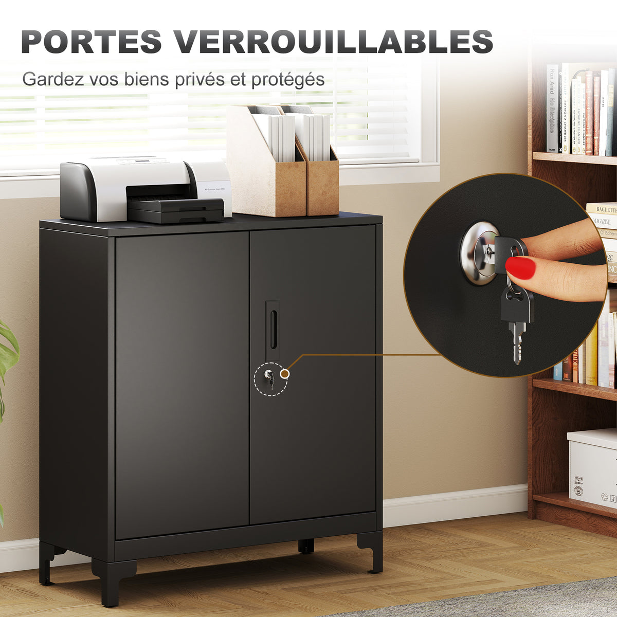 Armoire de bureau à 2 niveaux, meuble de rangement bureau métallique avec 2 portes verrouillables, 80 x 35 x 91 cm, noir