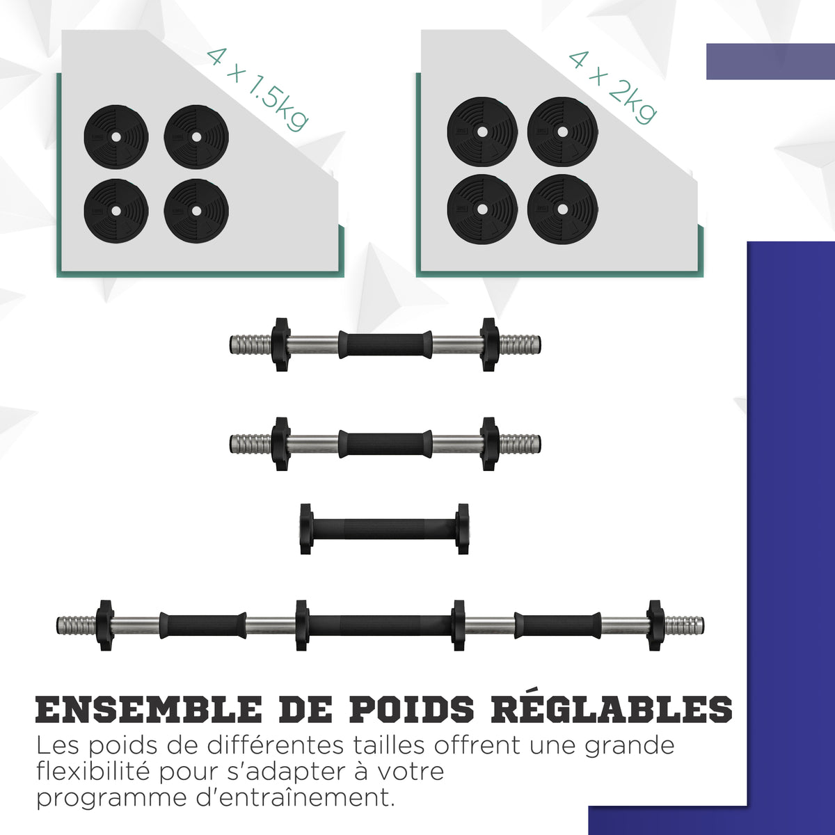 Haltères 2 en 1 réglables, haltères libres avec poignées antidérapantes, 15KG - Barres incluses
