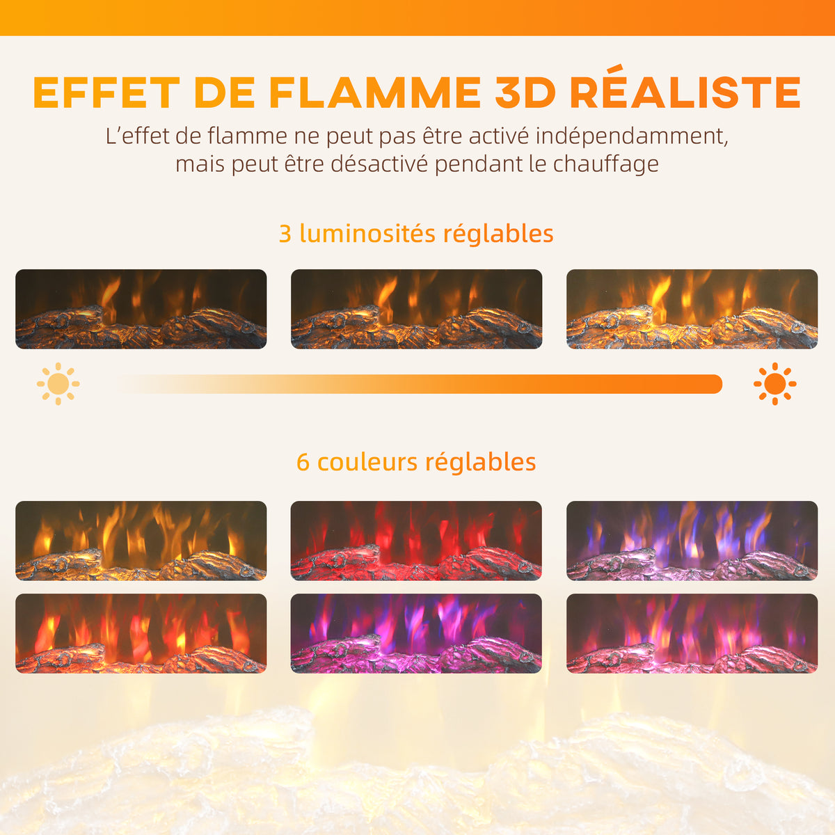 Cheminée électrique 1000W/2000W, fausse cheminée effet flamme 3D à 6 couleurs et 3 luminosités, 68,5x27,5x63cm, marron