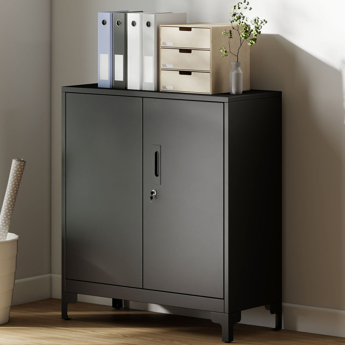 Armoire de bureau à 2 niveaux, meuble de rangement bureau métallique avec 2 portes verrouillables, 80 x 35 x 91 cm, noir