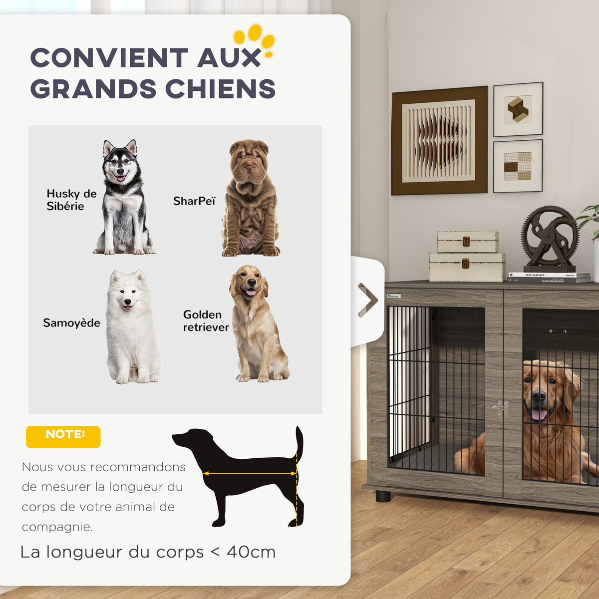 Cage pour chien 2 en 1 table d'appoint avec coussin en peluche déhoussable porte verrouillable 100 x 60 x 73,5 cm gris
