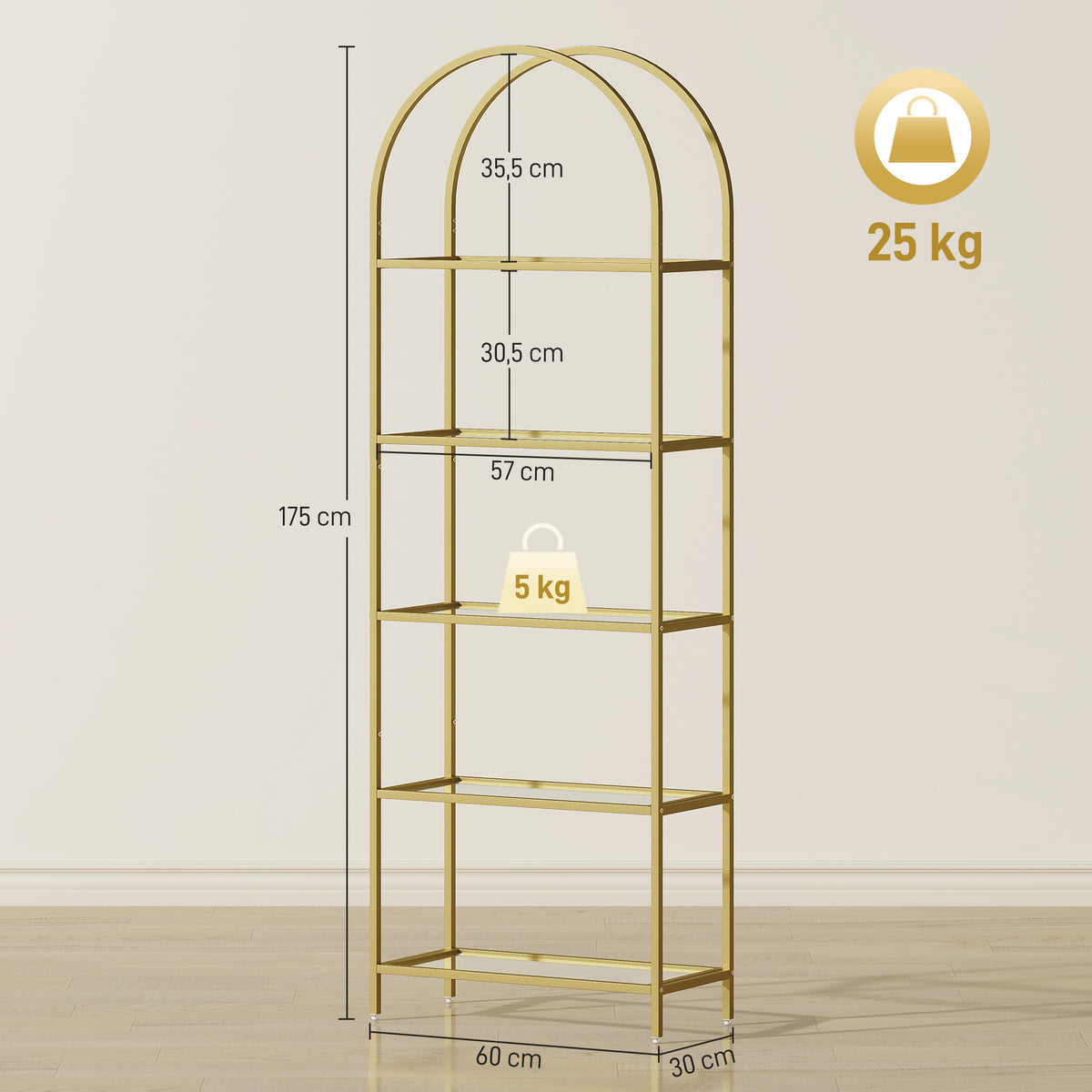 Bibliothèque étagère de rangement en verre à 5 niveaux arqué pour salon, bureau, chambre, 60 x 30 x 175 cm, doré