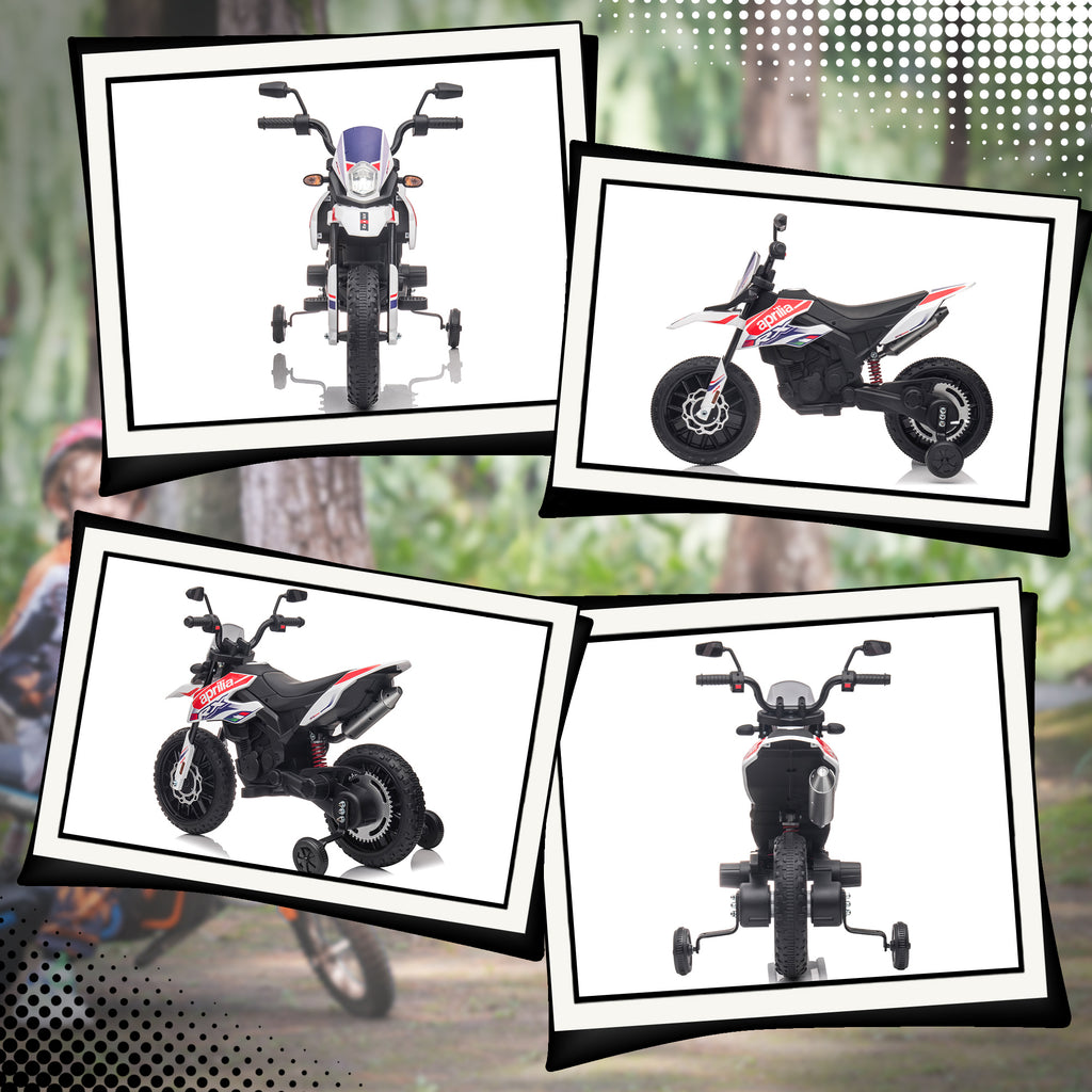 Moto électrique enfants sous licence Aprilia avec 2 moteurs 12V, roues d'entraînement, lumière LED, musique - blanc