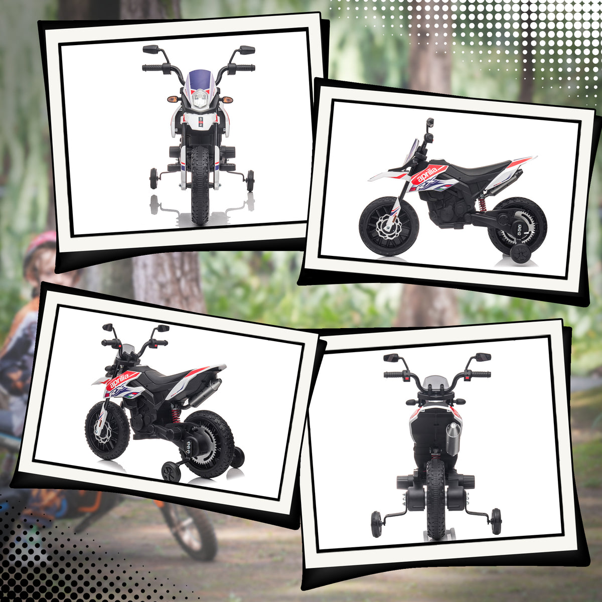 Moto électrique enfants sous licence Aprilia avec 2 moteurs 12V, roues d'entraînement, lumière LED, musique - blanc