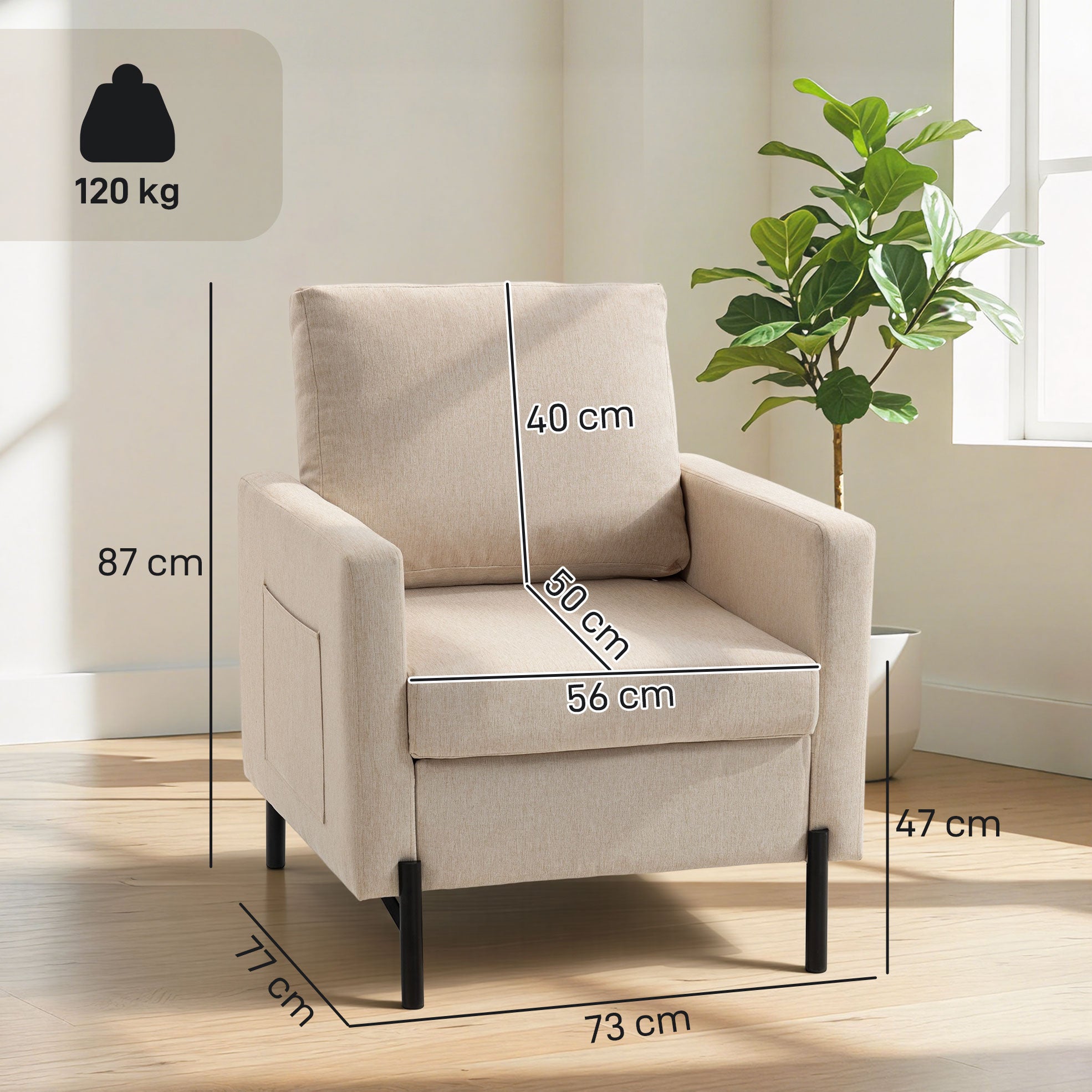 Fauteuil de salon, canapé 1 place rembourré avec accoudoirs, assise large et pieds en acier, 73 x 77 x 87 cm, beige